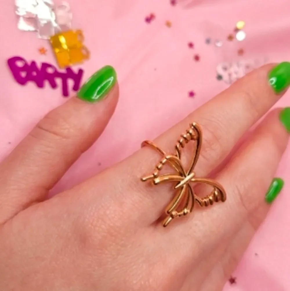 14K Yellow Gold One Size Fits All Butterfly Ring Stainless Steel